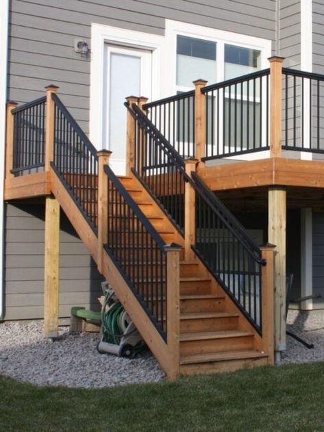 Wood Decks With Metal Railings, Wood And Rod Iron Railing Deck, Black Spindle Deck Railing, Patio Stairs Railing Ideas, Back Deck With Railing, Wood Deck Metal Railing, Outside Railing For Steps, Black Railing Stairs Outdoor, Cedar Posts Front Porch With Black Railing