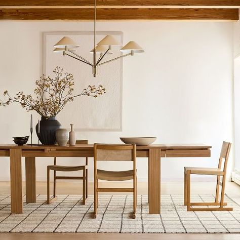 Modern & Contemporary Dining Tables | West Elm Desert Dining Room, West Elm Kitchen, Japandi Dining, Modern Contemporary Dining, Dining Rug, Modern Desert, Flat Weave Wool Rug, Contemporary Dining Table, Expandable Dining Table