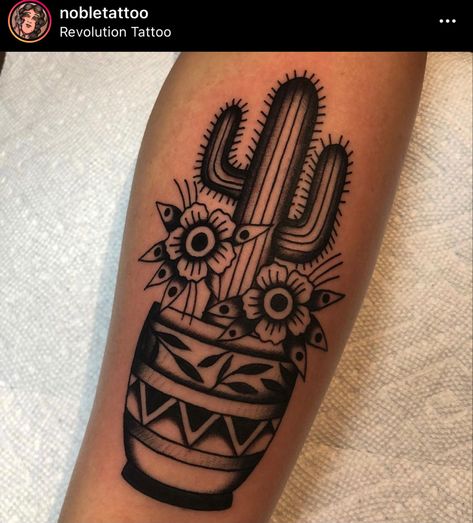 Southwestern Traditional Tattoo, Black And Grey Cactus Tattoo, Bicep Tattoo Women Traditional, Traditional Cactus Tattoo Black, Black Cactus Tattoo, Traditional Mexican Tattoo For Women, Black And White Cactus Tattoo, American Traditional Leg Tattoos Women, Potted Cactus Tattoo