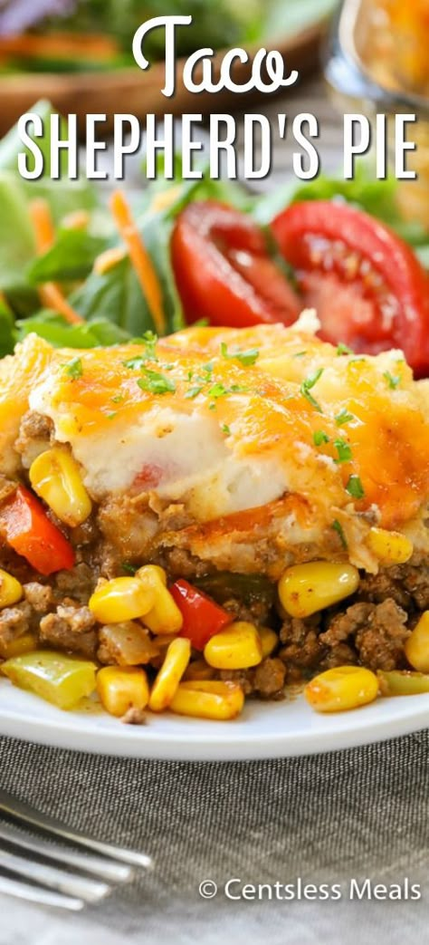 Taco Shepherd's Pie is a delicious mixture of taco meat, corn, and peas are topped with buttery mashed potatoes and cheese, then baked to golden perfection. #ad #centslessmeals #shepherdspie #easyrecipe #casserole #comfortfood #easydinner #weeknightmeal #mashedpotatoes #easycasserole #maincourse #baked #withcheese Potatoes And Cheese, Buttery Mashed Potatoes, Taco Pie, Pot Recipes Healthy, Shepherds Pie Recipe, Shepherd's Pie, Taco Meat, Meat Pie, Shepherds Pie