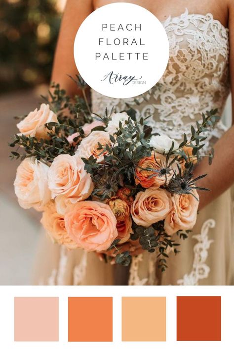 Peach Color Palette for Wedding Flowers - the perfect peach flowers and color palettes for the Arizona bride and groom. The colorful wedding color palettes seen in bridal bouquets, bridesmaid bouquets, centerpieces, and elopements flowers. Spring, winter, and fall wedding floral arrangements with peach flowers and peach floral accents for a Phoenix wedding ceremony or reception. Photo by Carmela Joy. Coral Color Flower Arrangements, Peach Fall Wedding Flowers, Safe And Peach Wedding, Wedding Peach Decoration, Peach Color Flower Arrangements, Fall Wedding Colors Peach, Burnt Peach Wedding Theme, Terracota Spring Wedding, Peach Wedding Color Palette