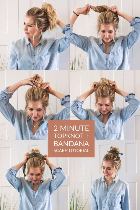 2 Minute Topknot + Bandana Scarf Tutorial (Photo + Video) / 2 minute topknot and bandana scarf tutorial / effortless hairstyle / topknot tips and tutorial / messy bun hairstyle / Topknot Tutorial, Scarf Tutorial, Hair Scarf Styles, Messy Bun Hairstyles, Cute Hairstyles For Medium Hair, Effortless Hairstyles, Penteado Cabelo Curto, Bandana Hairstyles, Bandana Scarf