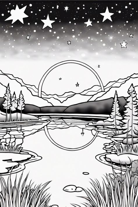 Unwind with our free printable 1 Twinkling Star At A Pond coloring page. Add some sparkle to your day! Day And Night Coloring Pages, Night Sky Coloring Page, Starry Night Coloring Page, Scenic Coloring Pages, Stars Sketch Night Skies, Summer Nights Coloring Book, Boosting Creativity, Forest Coloring Pages, Memorial Beads