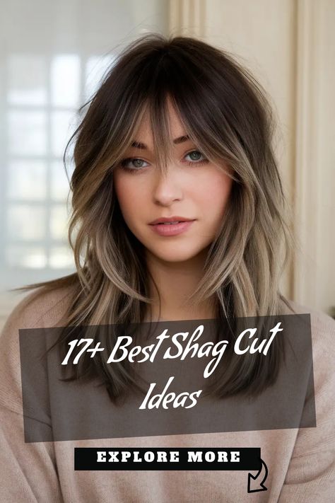 Woman with layered shag hairstyle and text overlay "17+ Best Shag Cut Ideas" and "Explore More". Overgrown Shag Haircut, Shag Hairstyles Long Fine Hair, Long Whispy Curtains Bangs Medium Hair, Shag For Straight Fine Hair, How To Find The Best Haircut For You, Wispy Bangs For Thick Hair, Shag Haircut Unstyled, Shag Fine Hair Medium, Layer Shag Haircut