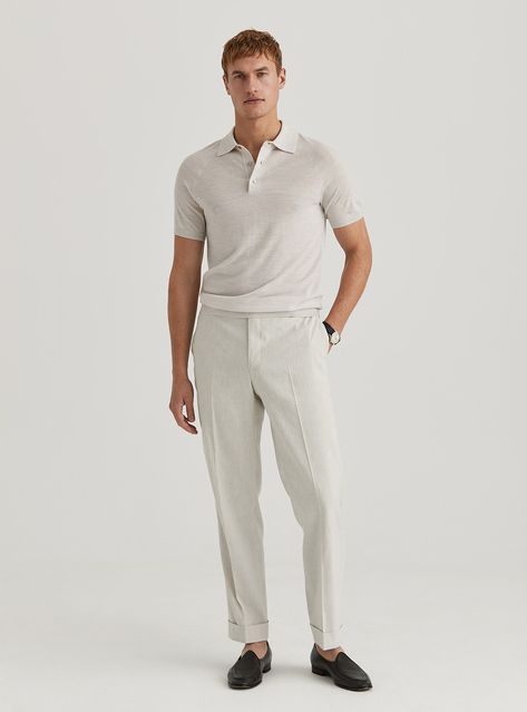 A refined yet casual summer look with a beige polo and off-white pants, perfectly contrasted by black slipper loafers. Ideal for achieving a polished appearance that feels effortlessly stylish. Beige Polo Outfit Men, White Polo Shirt Outfit Men, White Polo Shirt Outfit, Beige Pants Outfit, Polo Outfit Men, Polo Shirt Outfit Men, Slipper Loafers, Polo Shirt Outfits, Off White Pants