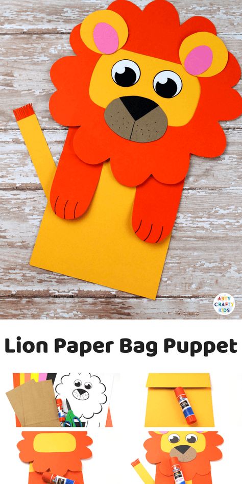 Lion Puppet, Bag Puppet, Kids Craft Ideas, Lion Craft, Puppets For Kids, Paper Bag Crafts, Paper Bag Puppets, Paper Puppets