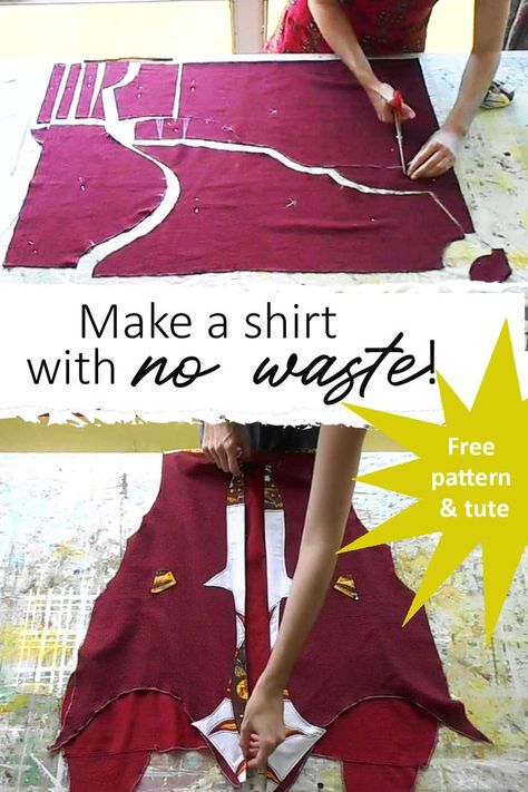 Unique Sewing Patterns, Make A Shirt, Waste Clothing, Sewing Guide, Poet Shirt, Zero Waste Fashion, Shirt Sewing, Sewing Tops, Beginner Sewing Patterns