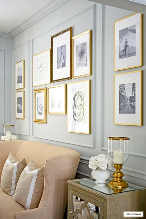 INEXPENSIVE DIY GALLERY WALL - CITRINELIVING Trimmed Out Gallery Wall, Gallery Wall With Paneling, Gold And Silver Gallery Wall, Picture Frame Moulding Gallery Wall, Wall Moulding With Artwork, Picture Frame Molding With Pictures, Gallery Wall With Wainscoting, Large Frame Photo Wall, Gallery Wall With Trim