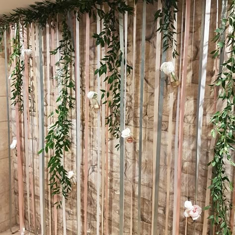 Wedding Ribbon Backdrop, Hanging Bottles, Engagement Party Decorations Diy, Ribbon Backdrop, Head Table Backdrop, Greenery Backdrop, Hanging Greenery, Backdrop For Wedding, Flower Backdrop Wedding