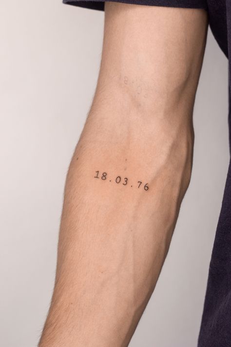 Wedding Date Tattoo Men, Small Writing Tattoo Men, Arm Number Tattoo, Small Sentimental Tattoos, In Due Time Tattoo, Date Of Birth Tattoos Children, Mens Family Tattoos, Hidden Tattoos Men, Birthday Tattoo Men