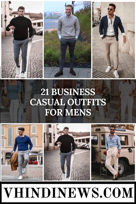 Preparing for an interview? Discover 21 business casual outfits designed to make a great impression. From tailored blazers to smart-casual shirts and versatile shoes, these looks balance professionalism and comfort. Whether you're heading to a corporate office or a startup, find the perfect ensemble to boost your confidence and help you stand out.  #BusinessCasual #InterviewOutfits #MensFashion #StyleForSuccess #MenInBusiness #SmartCasual #JobInterviewLooks #MenStyleInspo #FashionForMen #CareerFashion Chinos Business Casual Men, Casual Office Wear For Men, Navy Suit Outfit Men Casual, Men’s Work Casual, Men Interview Outfit Casual, Smart Wear For Men, Beige Trousers Outfit Work, Guys Business Casual Outfits, Grey Work Trousers Outfit