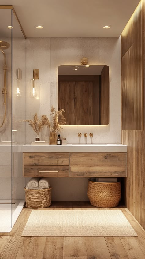 A modern rustic bathroom styled with a rich blend of natural wood, gold accents, and off-white tones. The walls feature off-white plaster with a soft matte texture, complemented by reclaimed wood paneling or slatted wood accents for a warm, natural feel. The vanity is made of rustic wood with visible grain, paired with a sleek off-white countertop and gold fixtures for an elegant, contemporary touch. The shower includes clear glass doors framed in brushed gold, with off-white tiles featuring subtle texture or natural stone patterns. The flooring is wide-plank light wood for a cohesive rustic look. Accessories include a minimalist gold-framed mirror, woven baskets for storage, soft off-white towels, and warm ambient lighting from modern gold sconces Natural Ensuite Ideas, Neutral En Suite Bathroom, Romantic Ensuite Bathroom, White And Wood Bathroom Decor, Bathroom Wood Panel Wall, White Wood Gold Bathroom, Natural Wood Bathroom Vanity Ideas, Light Wood Tile Bathroom, Natural Bathroom Ideas Woods