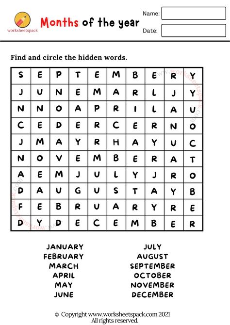 Months of the year worksheets - worksheetspack Work Sheets For 1st Grade English, Year 2 English Worksheets, Learn Months Of The Year, Year 2 Maths Worksheets, Months In English, Spelling Worksheets, Hidden Words, Teacher Material, Learning English For Kids