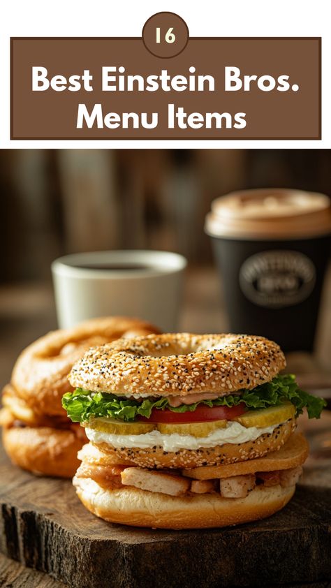 A display of Einstein Bros. bagels and sandwiches, showcasing a variety of options including a classic bagel with cream cheese, a sandwich with fresh ingredients, and a coffee cup in the background. Hearty Lunch, Bagel Cream Cheese, Delicious Sandwiches, Burger King, Menu Items, Food Truck, Best Foods, New Recipes