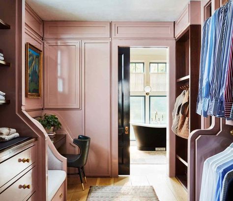 Interior designer Bryan Graybill went out on a limb when he first saw his East Hampton property, even painting the closet a pretty shade of blush pink. Let this space inspire your own closet makeover. Pink Dressing Room, Cinder Block House, Luxurious Dressing Room, Trendy Paint Colors, Fine Paints Of Europe, Painted Closet, Pink Closet, Elegant Bath, Small Closets