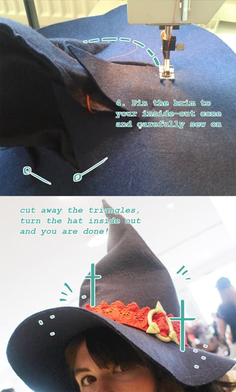 Witch Hat Making, How To Make A Felt Hat, Witch Cosplay Diy, How To Make A Witches Hat, How To Make A Hat, Felt Hat Diy, Witch Hat Tutorial, Diy Witch Hat, Witch Hat Pattern