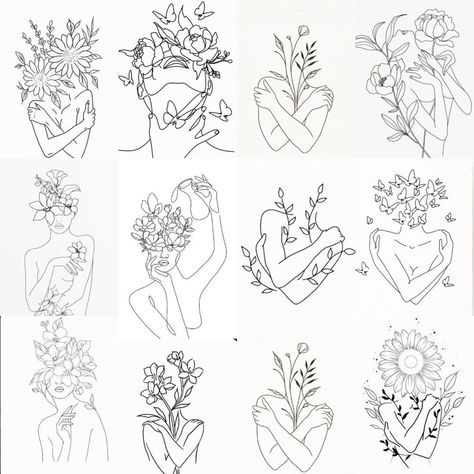 Feminine Tiny Tattoos, Frida Inspired Tattoo, Self Image Tattoos, Female Growth Tattoo, Feminine Silhouette Tattoo, Female Line Art Tattoo, Hand With Flowers Tattoo, Above Knee Tattoo Women, Floral Woman Tattoo