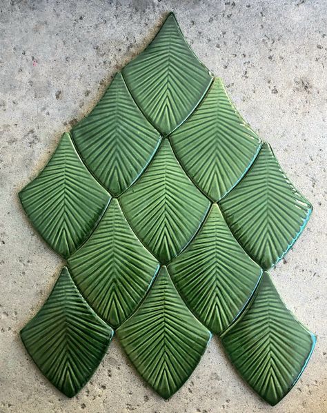 Green Leaf Tile, Tesallations Designs, Porcelain Tile Floor Kitchen, Leaf Tiles, Bathroom Tile Design Ideas, Unique Tile Patterns, Leaf Tile, Unique Tiles, Tile Design Ideas