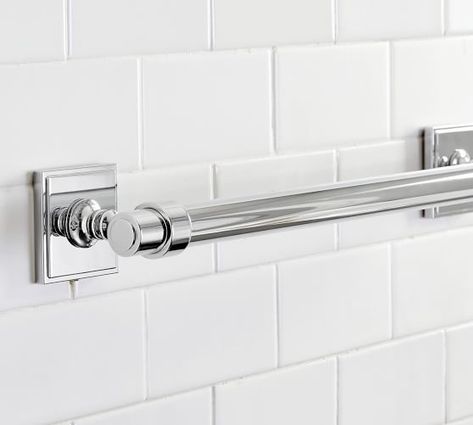 Bathroom Hardware | Bathroom Fixtures & Bathroom Faucets | Pottery Barn Easy Home Renovations, Bronze Bathroom Fixtures, Chrome Towel Bar, Brass Towel Bar, Fixtures Bathroom, Bronze Bathroom, How To Fold Towels, Chrome Fixtures, Chrome Bathroom