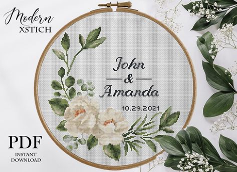 Wedding Cross Stitch Pattern Personalized Floral Wreath White Rose Instant Download PDF - Etsy Australia Wedding Sampler Cross Stitch, Wedding Sampler, Wedding Cross Stitch Patterns, Wedding Cross Stitch, Wedding Cross, Wedding Embroidery, Printed Pages, Cross Stitch Patterns Free, Alphabet And Numbers