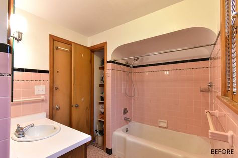 1950s Pink Bathroom Makeover | Wauwatosa, WI Pink Tile Bathroom Makeover, Retro Bathrooms 1950s, Pink Bathroom Makeover, 50s Bathroom Makeover, Pink Bathroom Remodel, 1950 Bathroom, Pink And Green Bathroom, Ranch Bathroom, 1950s Bathroom Remodel