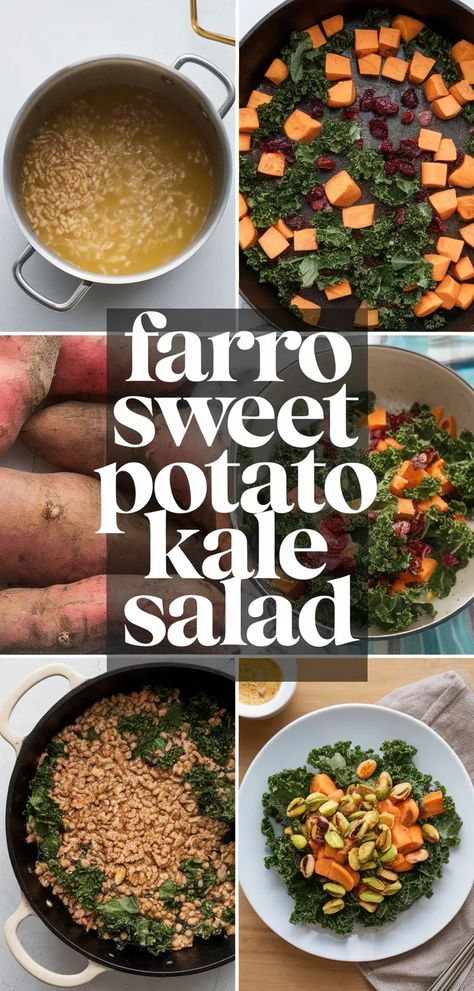 A photo of Farro With Sweet Potatoes Kale Dried Cranberries Pistachios Recipe Pistachio Recipes, Sweet Potato Kale, Cranberry Pistachio, Fall Menu, Grain Salad, Kale Salad, Dried Cranberries, Sweet Potatoes, Autumn Inspiration