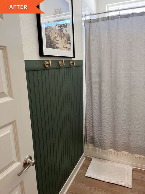 Kids And Guest Bathroom Ideas, Green Beadboard Bathroom, Boys Bathroom Ideas Kid, Boy Bathroom Ideas, Green Bathroom Paint, Beadboard Ideas, Builder Grade Bathroom, Plain Bathroom, Beadboard Bathroom