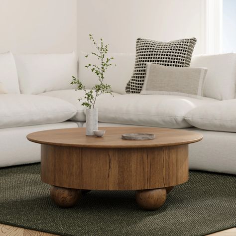 Sigrid Smoked Oak Round Storage Coffee Table, Solid Wood Sphere Legs | Article Contemporary Mediterranean House, Sneaky Storage, Round Coffee Table Decor, Round Coffee Table Living Room, Coffee Table Decor Living Room, Transitional Coffee Table, Circle Coffee Tables, Scandinavian Coffee Table, Staging Furniture