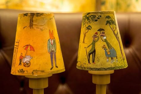 Bemelmans Bar, Painted Lamp Shades, Hand Painted Lamp, Painted Lamp, Ludwig Bemelmans, Painting Lamp Shades, Painting Lamps, The Lobby, Silver Flatware