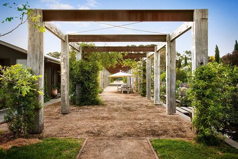 Recycled ironbark and steel freestanding pergola Simple Pergola, Timber Pergola, Pergola Diy, Small Pergola, Cheap Pergola, Covered Walkway, Pergola Ideas, Building A Pergola, Pergola Lighting