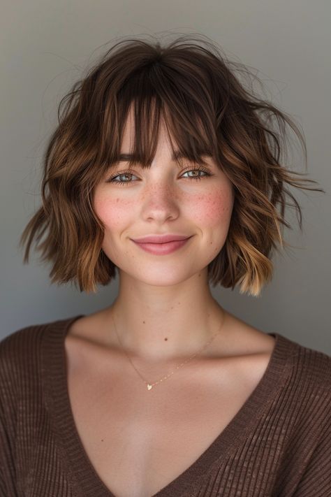 Elegant Short Hair with Bangs Designs Textured Bob With Bangs Round Face, Round Face Bob With Bangs, French Bob With Bangs Round Faces, Round Faces With Bangs, Haircuts Unique, Feminine Short Haircuts, 90s Short Bob, Haircuts Feminine, Medium Length Hairstyles With Bangs