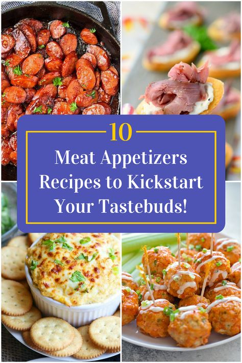 Collage of 4 meat appetizers recipes. Meat Finger Foods, Party Food Meat, Meaty Appetizers, Horderves Appetizers, Beef Appetizers, Savoury Finger Food, Savory Bites, Hot Appetizers, Party Sandwiches