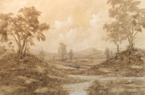 Sepia Landscape Painting, Wallpaper Laptop Vintage, Sepia Painting, French Mural, Compass Artwork, Sepia Wallpaper, Sepia Art, Chinoiserie Mural, Decoupage Papers