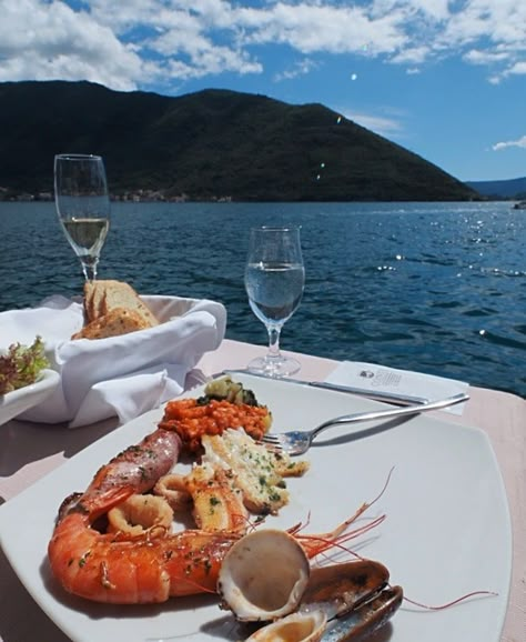 Beautiful Kotor blue water lakes day trip #travellingthroughtheworld #travelling #traveller #travel #traveltips #travelphotography #travelblogger #traveldestinations #montenegro Porto Montenegro, Cruise Italy, Boat Food, Wine And Dine, Hidden Gem, Hermione, Pretty Food, Travel Bucket, Aesthetic Food