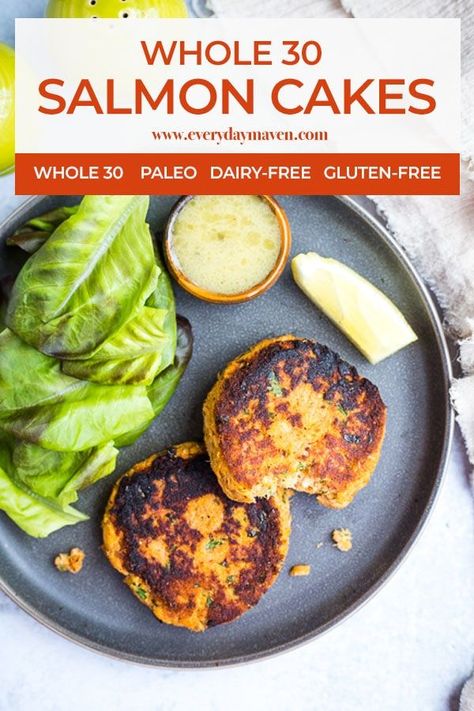 These easy Paleo Salmon Cakes are loaded with flavor and can be pan-fried or baked in the oven. You can freeze the salmon cakes before or after cooking for an easy freezer meal. Whole30 compatible!    #salmoncakes #paleosalmoncakes #whole30salmoncakes #salmonpatties #cannedsalmon #salmonrecipe #salmonburgers #glutenfreesalmon #dairyfreesalmon Salmon Canned Recipes, Whole 30 Salmon Cakes, Canned Recipes, Pan Fried Trout, Paleo Seafood, Paleo Salmon Cakes, Salmon Recipes Oven, Keto Favorites, Paleo Salmon