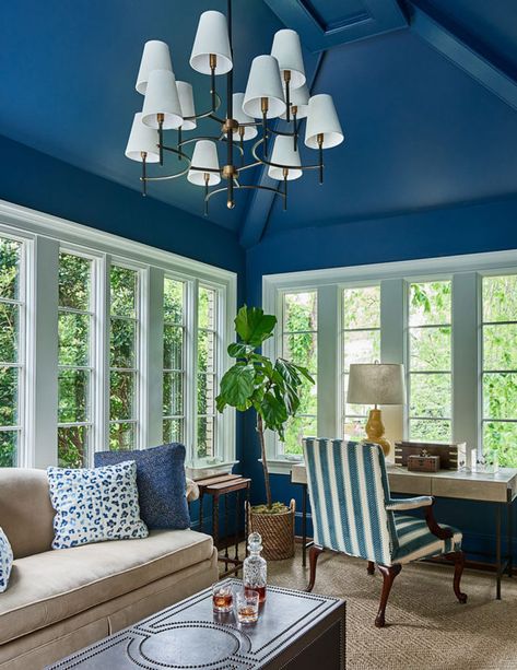 7 Beautifully Bold Blue Rooms | Caroline Brackett Design | Greenville, SC Top Kitchen Colors, Modern French Cottage, Conservatory Decor, Painted Ceilings, Raised Ranch, Blue Wall Colors, Dark Blue Walls, Blue Ceilings, Sunroom Decorating