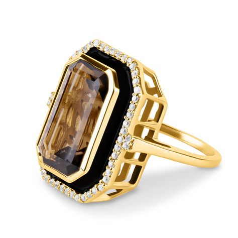 PRICES MAY VARY. HIGH QUALITY: Crafted with exquisite 14k gold-plated silver, this smoky quartz ring is adorned with a 6.2 carat smoky quartz, white sapphire accents and hand-painted black enamel for unrivaled luxury. It is stamped with "925" for authenticity. HYPOALLERGENIC: For those seeking both style and comfort, this cocktail statement ring is designed to be 100% nickel free and hypoallergenic making it perfect for sensitive skin. Say goodbye to green fingers even after hours of wear! MATCH Chocolate Rings, Run The Jewels, Brown Rings, Raw Gemstone Jewelry, Smoky Quartz Ring, Octagon Shape, Natural Gemstone Ring, Gold Gemstone Ring, Black Onyx Ring