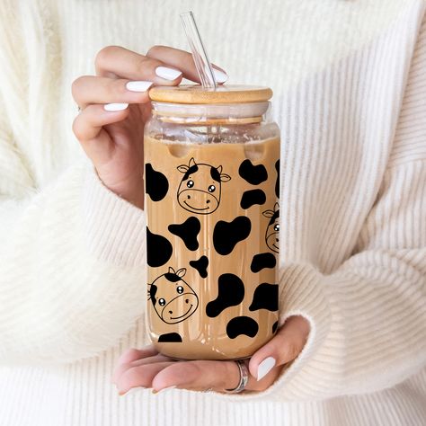 Mason Jar Cup, Ice Coffee Cup, Glass Cup With Bamboo Lid, Mason Jar Cups, Cow Design, Baby Cow, Ice Coffee, Baby Cows, Cow Skin