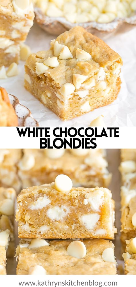 Delicious White Chocolate Blondies are ultra buttery with a chewy texture and loaded with white chocolate flavor! Perfect for all occasions any time of year and are so easy to make! Easy Blondie Recipe, White Chocolate Chips Recipes, Desserts To Make At Home, White Chocolate Blondies Recipe, Chocolate Blondies Recipe, Squares Recipes, Blondie Recipes, White Chocolate Desserts, Desserts With Chocolate Chips