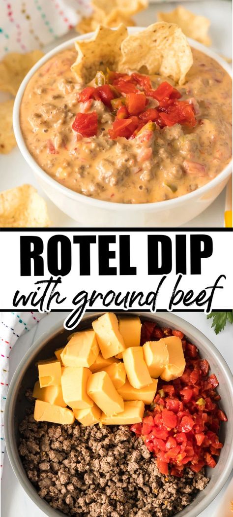 Football Food With Ground Beef, Spicy Rotel Dip With Ground Beef, Rotel With Ground Beef, Best Rotel Dip With Ground Beef, Appetizer Recipes With Ground Beef, Easy Dinner Recipe With Ground Beef, Nachos Recipe Easy Ground Beef, Baked Rotel Dip, Best Nachos Recipe Ground Beef