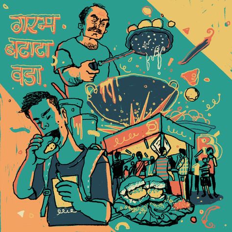 Food Festival Illustration, Indian Street Food Illustration, Vadapav Illustration, Indian Food Illustration, Street Food Poster, Street Food Illustration, Mumbai Illustration, Food Mural, Street Food Design