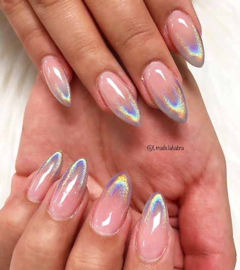 Shimmer Ombre French Nails, Mermaid French Ombre Nails, Ombre Holographic Nails, Purple Chrome Ombre Nails, Ombre Holographic Nails Almond, Junk Nails, Moisturizer For Dry Skin, Nail Spa, Nails On Fleek