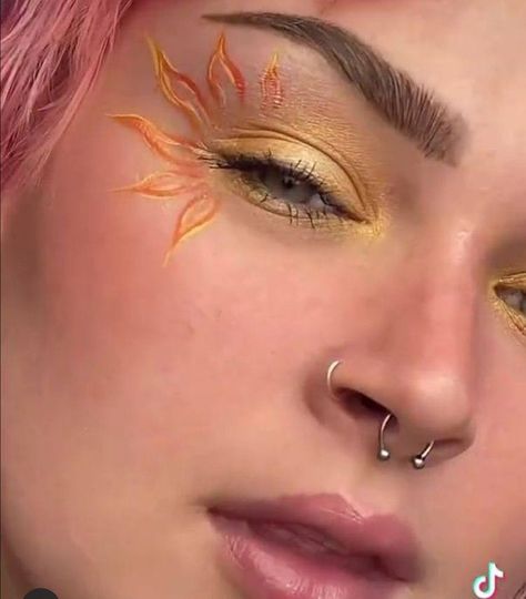 Sun And Moon Eye Makeup, Makeup With Gold Accents, Sun Makeup Looks Halloween, Sun Inspired Makeup Looks, Sun Themed Makeup, Cheek Makeup Art, Sun And Moon Makeup Look, Midnight Rain Makeup, Sun Eye Makeup