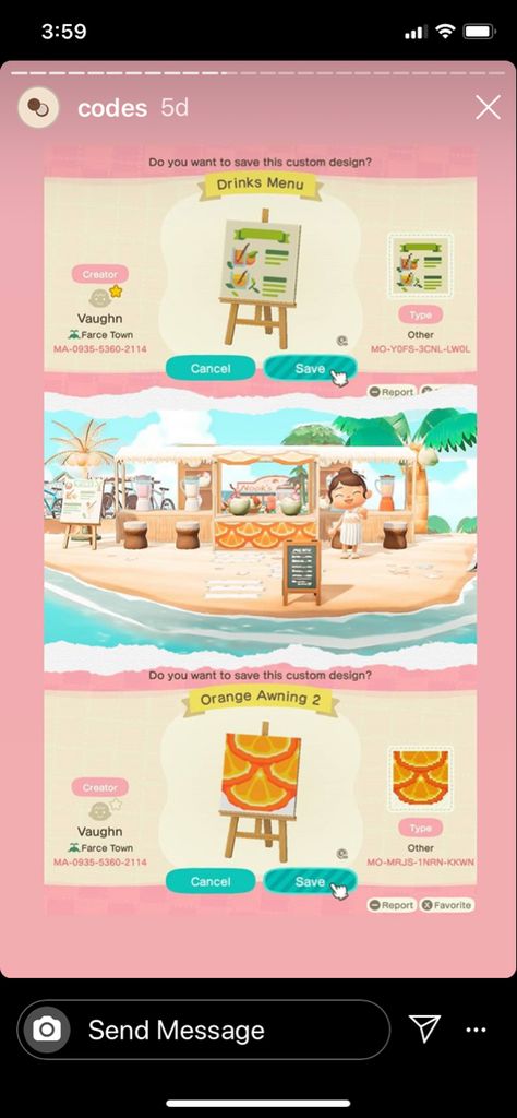 Acnh Juice Bar Code, Acnh Menu Design Code, Acnh Smoothie Bar, Acnh Juice Bar, Acnh Tropicore, Animale Crossing, Cottage Core Animal Crossing, Animal Crossing Islands, Pastel Emo