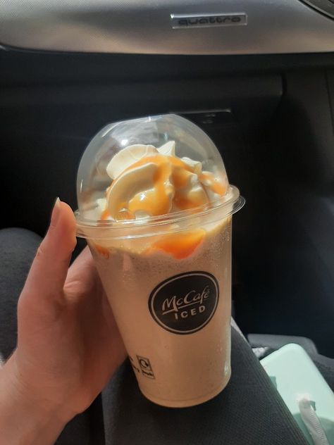 Mcdonalds caramel frappe,  iced coffee with whipped cream and caramel Diy Mcdonalds Caramel Frappe, Carmel Frap From Mcdonald’s, Mcdonald's Carmel Frappe Recipe, Caramel Frappe, Mcdonalds Milkshake, Mcdonalds Caramel Frappe, Mcdonald’s Iced Caramel Coffee, Dunkin Donuts Coffee Drinks, Mcdonald’s Caramel Frappe