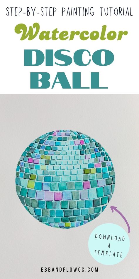 Get easy tips for painting a disco ball with watercolors. This step-by-step tutorial walks you through painting a disco ball. Watercolour Disco Ball, How To Draw A Disco Ball Step By Step, How To Paint A Disco Ball Step By Step, Disco Ball Art Project, Disco Painting Ideas, Disco Ball Painting Tutorial, Paint Disco Ball, Disco Ball Painting Easy, Watercolor Disco Ball