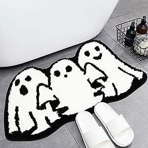 Halloween Bathroom Ideas, Ghost Bathroom, Apartment Halloween Decor, Cute Halloween Stuff, Luxury Apt, Black And White Goth, Spooky Room, Halloween Rugs, Halloween Bathroom Decor