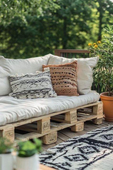 "Relax in style with a DIY Pallet Wood Outdoor Sofa! 🪑🛠️ Perfect for creating cozy, handmade seating in your outdoor space. 🌟✨ #PalletFurniture #DIYProjects #OutdoorDecor" Outdoor Crate Furniture, Diy Porch Seating, Pallet Chair Diy, Pallet Daybed Outdoor, Diy Patio Furniture From Pallets, Pallet Couch Diy Indoor, Outdoor Sofa Ideas, Outdoor Daybed Diy, Patio Pallet Furniture