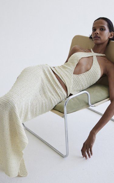 Summer Dress Editorial, Aya Muse Resort 2023, Crochet Editorial Fashion, Beach Fashion Editorial Women, Black Model Beach Editorial, Aya Muse, Seductive Dress, Silver Strappy Heels, Preppy Inspo