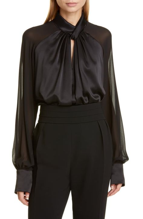 Silk Shomiz Blouses, Evening Tops Elegant, Shomiz Blouses Fashion 2022, Black Silk Blouse Outfit, Max Mara 2022, Silk Blouse Outfit, Blouse And Pants, Chiffon Shirt Blouse, Black Silk Blouse